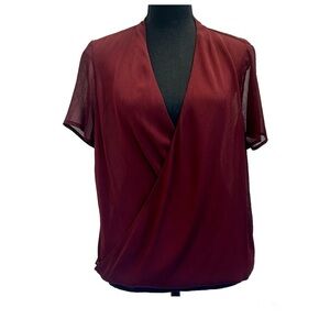 BANANA Republic maroon burgundy short sleeve chiffon faux wrap blouse Sz M